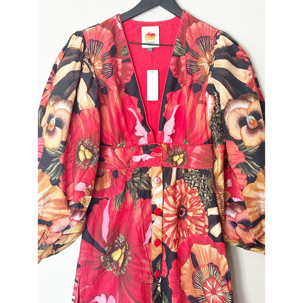 Farm Rio Flowershop Puff-Sleeve Maxi Dress V-Neck Button Front Red Size XS NEW - Picture 4 of 9